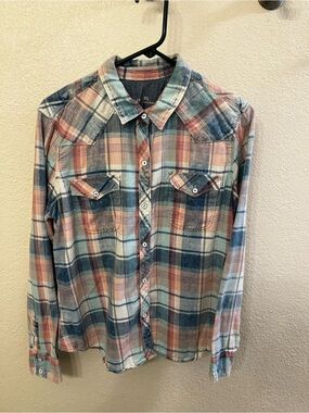 Gap Vintage Plaid Western Style  Button-Up Shirt in Blue and Pink (Size XL)